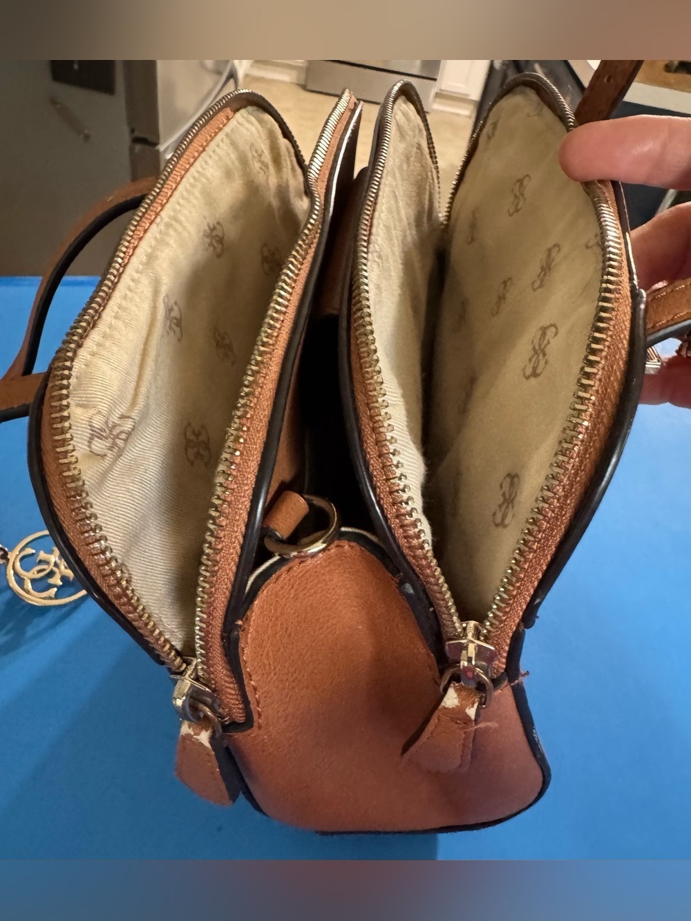 GUESS Brown/Tan Crossbody Satchel with Logo Charm - Picture 4 of 12